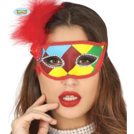 Antifaz de arlequín multicolor con pluma roja para adulto