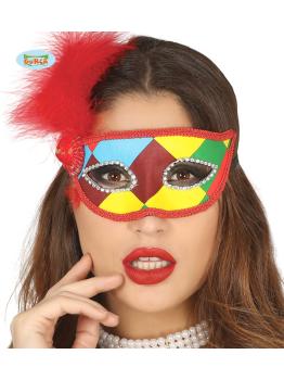 Antifaz de arlequín multicolor con pluma roja para adulto