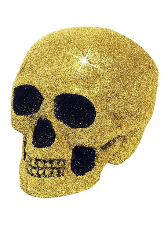 Calavera decorativa con purpurina dorada