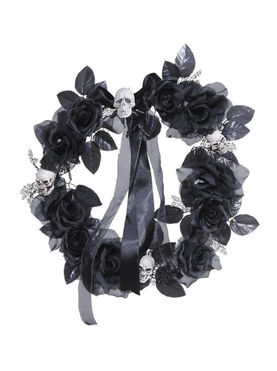Corona de calaveras y rosas negras con luz cambiante