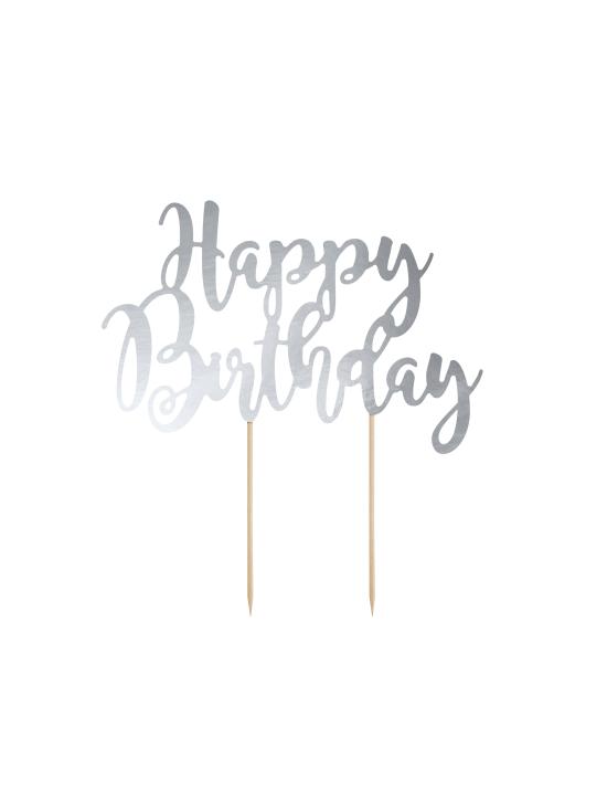 Decoración para tarta "Happy Birthday" plateado - Black & White