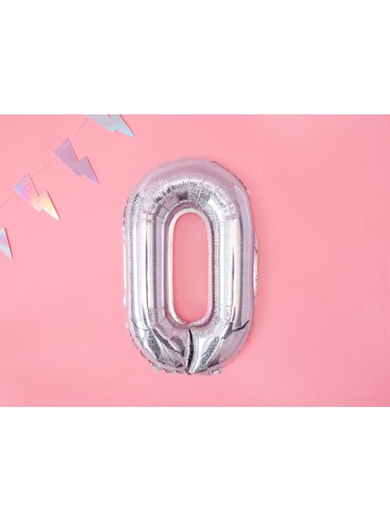 Globo foil "0" plateado con purpurina (35 cm)