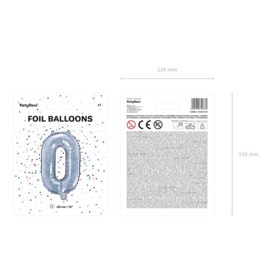 Globo foil "0" plateado con purpurina (35 cm)