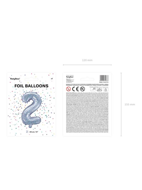 Globo foil "2" plateado con purpurina (35 cm)