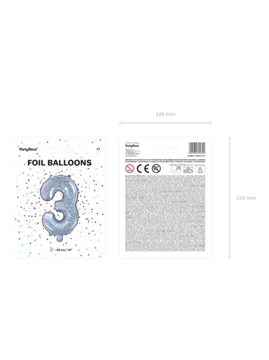 Globo foil "3" plateado con purpurina (35 cm)