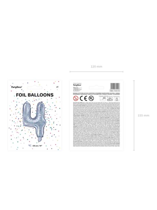 Globo foil "4" plateado con purpurina (35 cm)