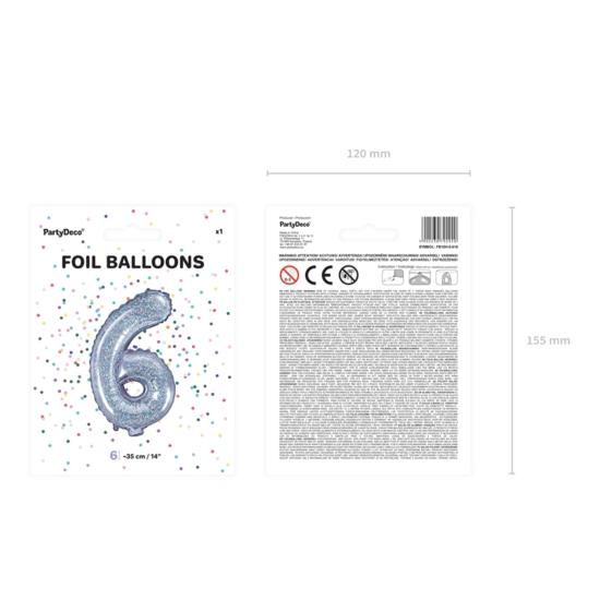 Globo foil "6" plateado con purpurina (35 cm)
