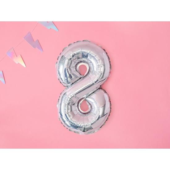 Globo foil "8" plateado con purpurina (35 cm)