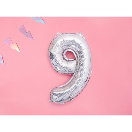 Globo foil "9" plateado con purpurina (35 cm)