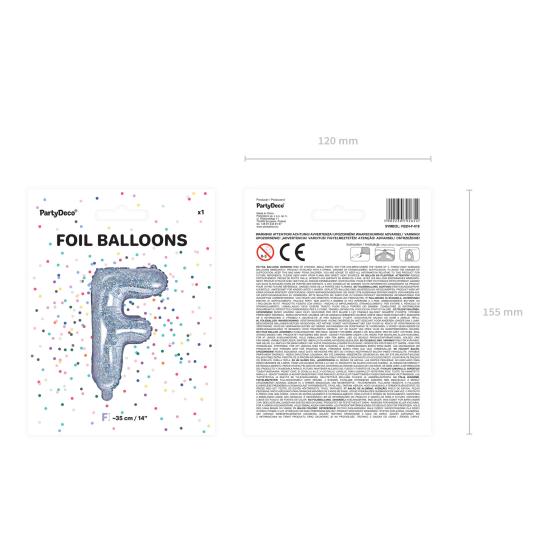 Globo foil letra F plateado con purpurina