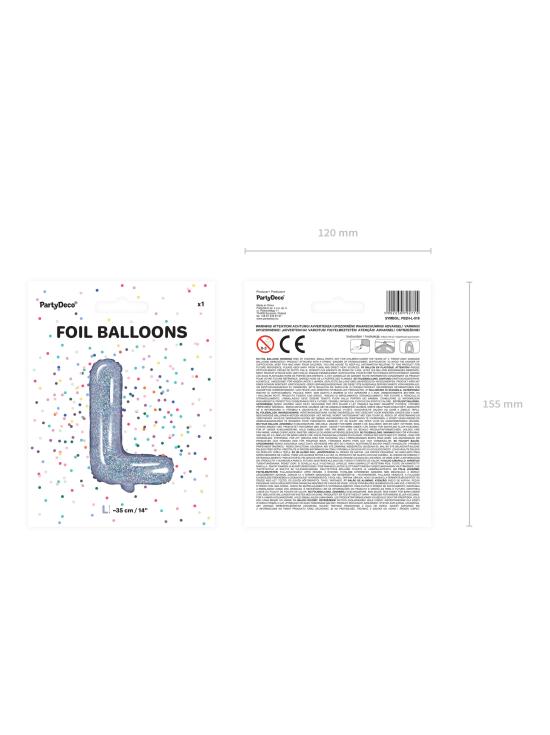 Globo foil letra L plateado con purpurina