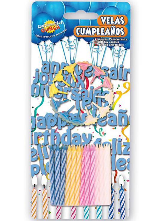 Pack de 24 Velas y 12 portavelas de colores para Cumpleaños