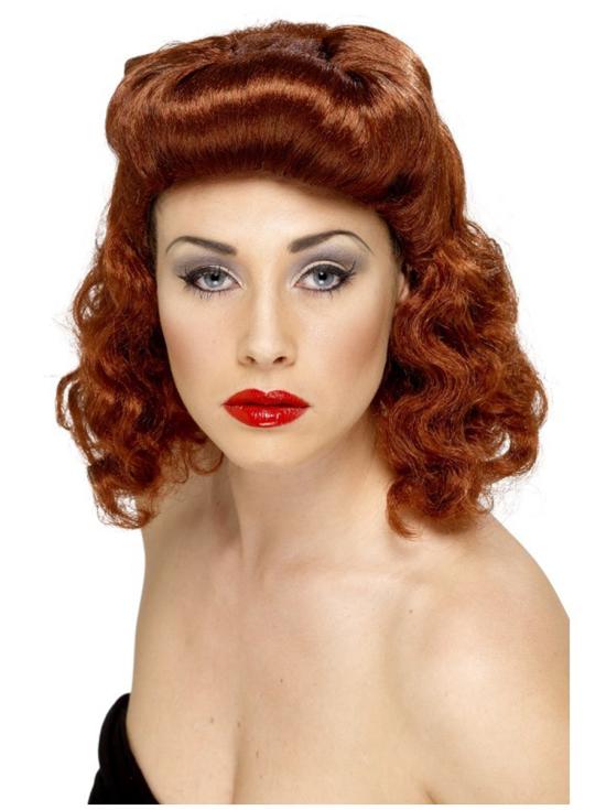 Peluca castaña rojiza rizada de chica pin up