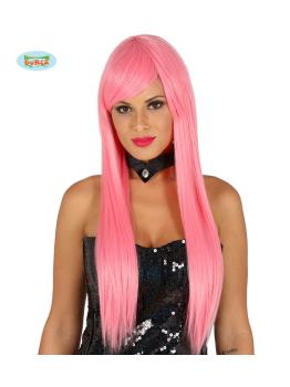 Peluca con flequillo rosa lisa para mujer