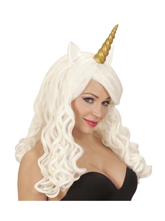 Peluca Blanca con Cuerno de Unicornio.