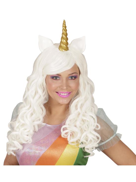 Peluca Blanca con Cuerno de Unicornio.