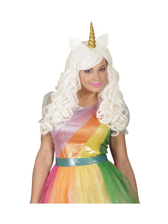 Peluca Blanca con Cuerno de Unicornio.