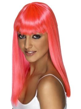 Peluca glamour rosa neón con flequillo