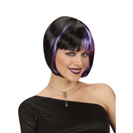 Peluca negra con mechas violetas para mujer