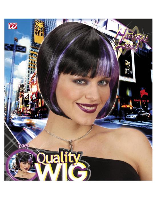 Peluca negra con mechas violetas para mujer