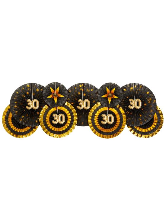 3 Abanicos de papel decorativos variados "30" (21-26-30 cm) - Glitz & Glamour Black & Gold
