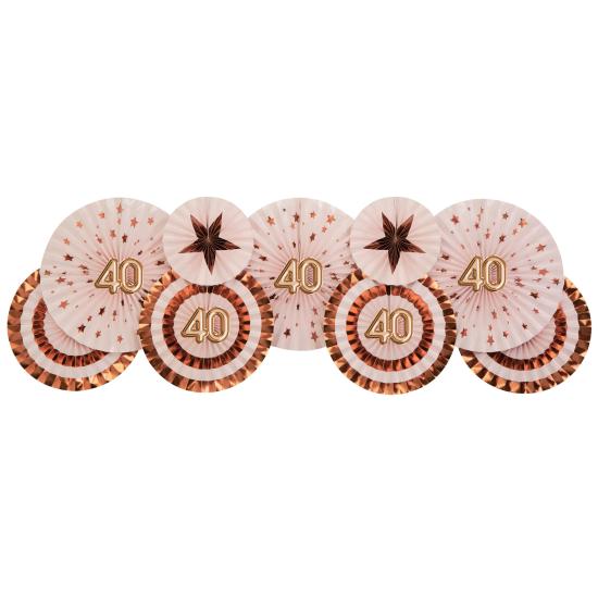 3 Abanicos de papel decorativos variados "40" (21-26-30 cm) - Glitz & Glamour Pink & Rose Gold