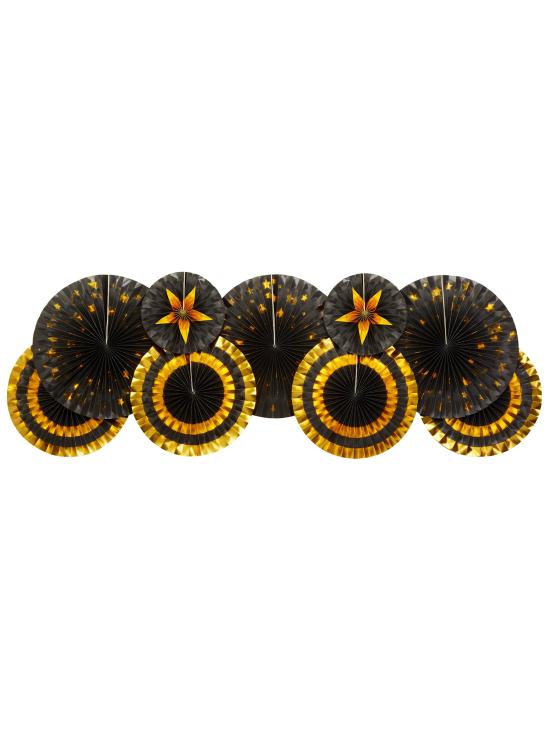 3 Abanicos de papel decorativos variados de papel (21-26-30 cm) - Glitz & Glamour Black & Gold