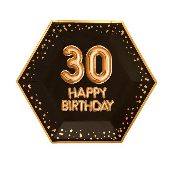 8 platos hexagonales "30 Happy Birthday" de papel (27 cm) - Glitz & Glamour Black & Gold 8 platos hexagonales "30 Happy Birthday" de papel (27 cm) - Glitz & Glamour Black & Gold