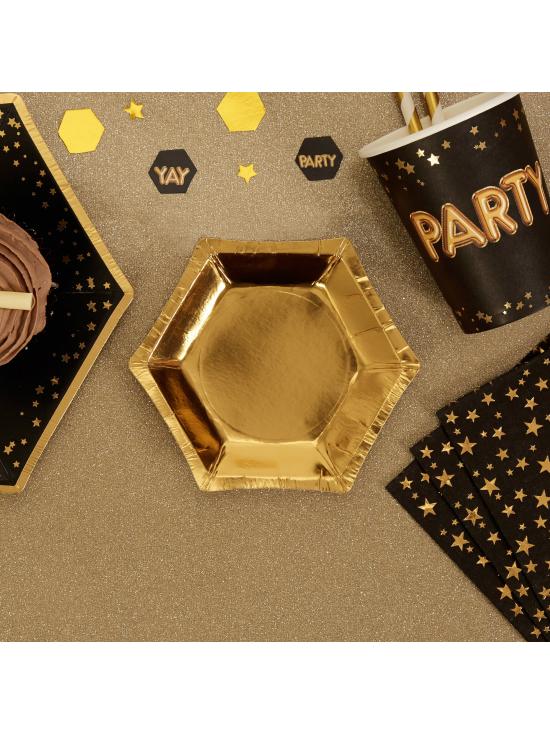 8 platos hexagonales dorados de papel (12,5 cm) - Glitz & Glamour Black & Gold