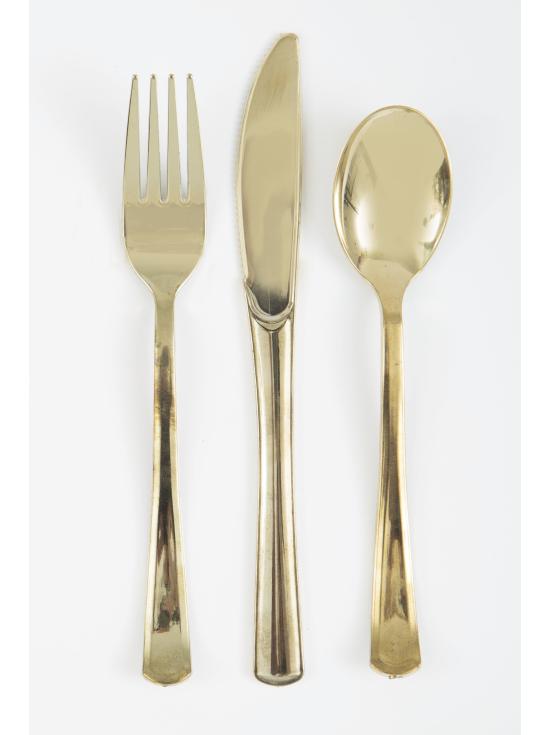 Set de cubiertos de plástico dorados - Línea Colores Básicos