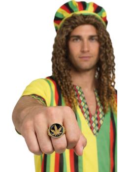 Anel dourado e preto com folha de cannabis para fantasia rastafári.