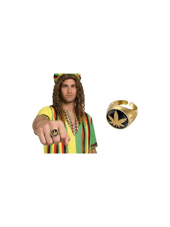 Anel dourado e preto com folha de cannabis para fantasia rastafári.
