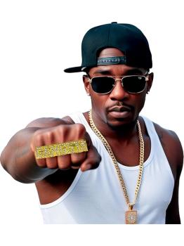 Anel dourado “GANGSTA” – Acessório para fantasia de hip hop/rapper (tamanho único)
