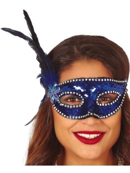 Máscara de lantejoulas azul com pena