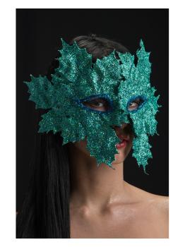 Máscara de plástico com folhas verdes aquáticas e glitter em uma bolsa