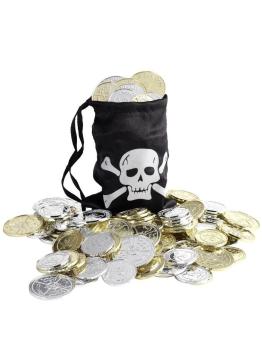 Porta-moedas pirata, preto, com moedas.