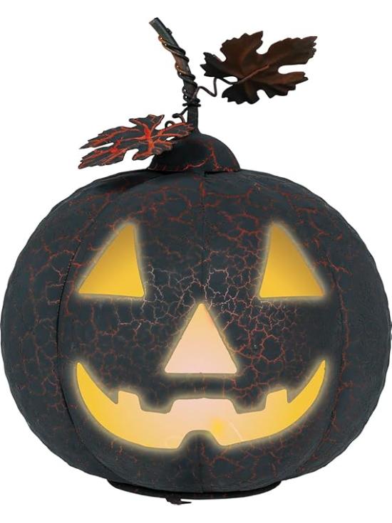 Abóbora preta e laranja com luz (20 cm) - Decoração de metal para o Halloween e festas temáticas - Ideal para celebrações de terror e ocasiões especiais - Preto e laranja