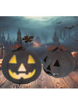 Abóbora preta e laranja com luz (20 cm) - Decoração de metal para o Halloween e festas temáticas - Ideal para celebrações de terror e ocasiões especiais - Preto e laranja