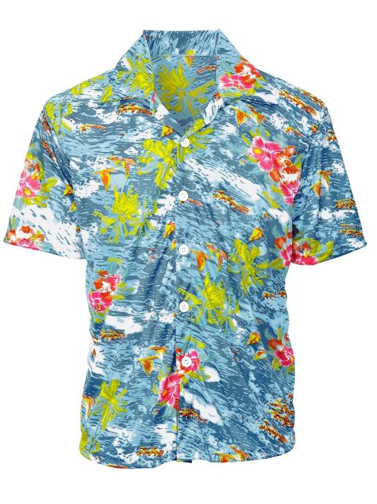 Camisa havaiana com flores azul-claras