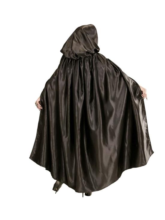 Capa com capuz em cetim preto 145 cm.
