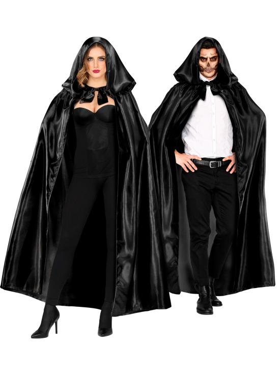 Capa preta de cetim com capuz, 145 cm.