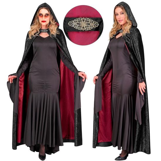 Capa com capuz de veludo preto e forro vermelho – 140 cm