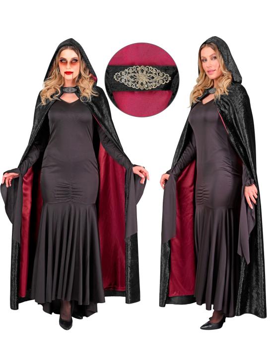 Capa com capuz de veludo preto e forro vermelho – 140 cm