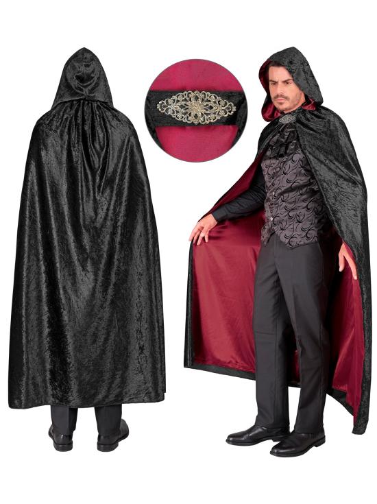 Capa com capuz de veludo preto e forro vermelho – 140 cm