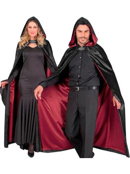 Capa com capuz de veludo preto e forro vermelho – 140 cm
