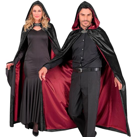 Capa com capuz de veludo preto e forro vermelho – 140 cm