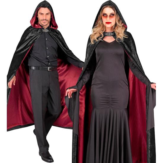 Capa com capuz de veludo preto e forro vermelho – 140 cm