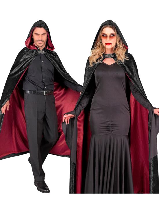 Capa com capuz de veludo preto e forro vermelho – 140 cm