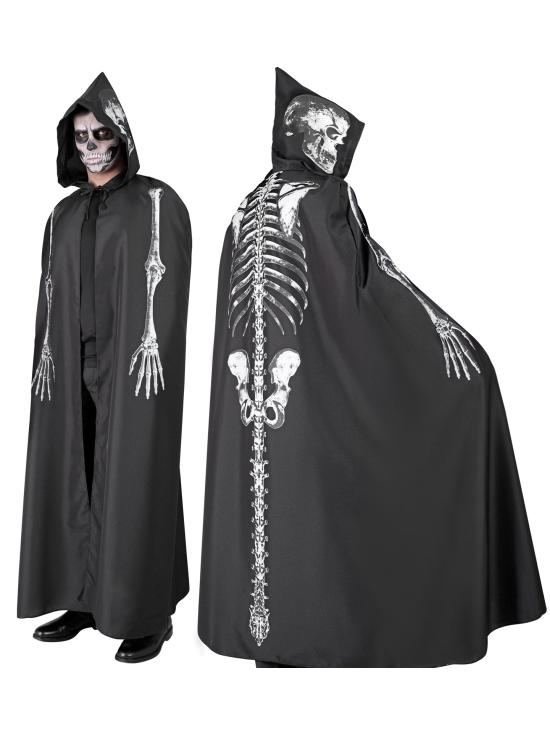 Fantasia de Halloween com capa de esqueleto com capuz adulto de 150 cm