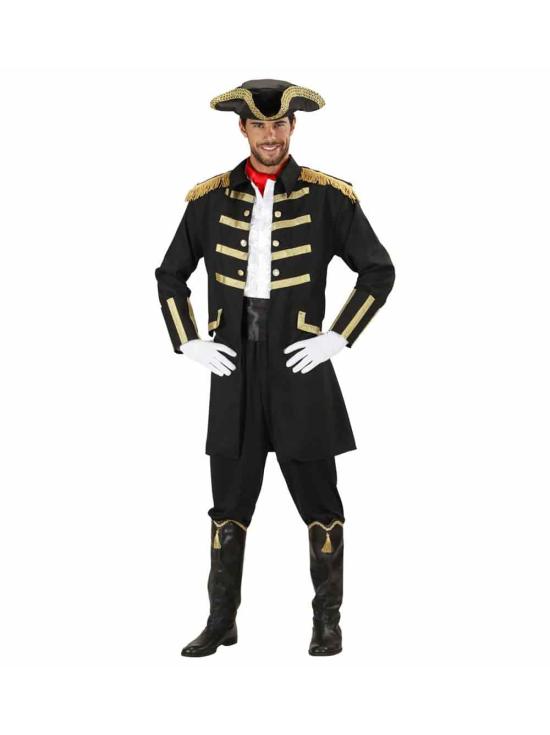 Jaqueta preta e chapéu de pirata ou capitão